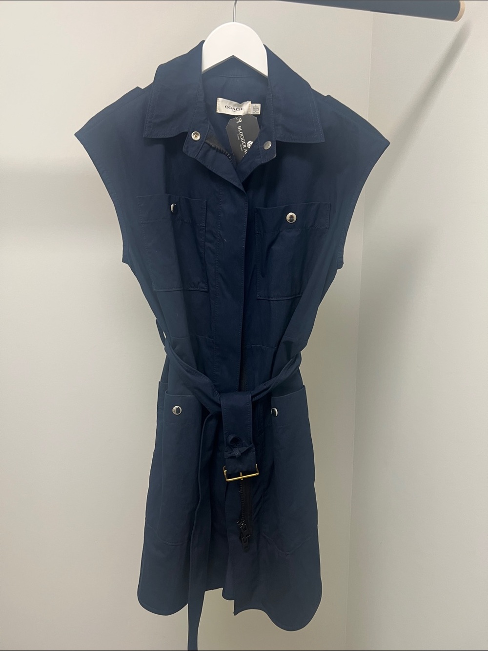 Coach Navy Sleeveless Utility Shirt Dress with Belt